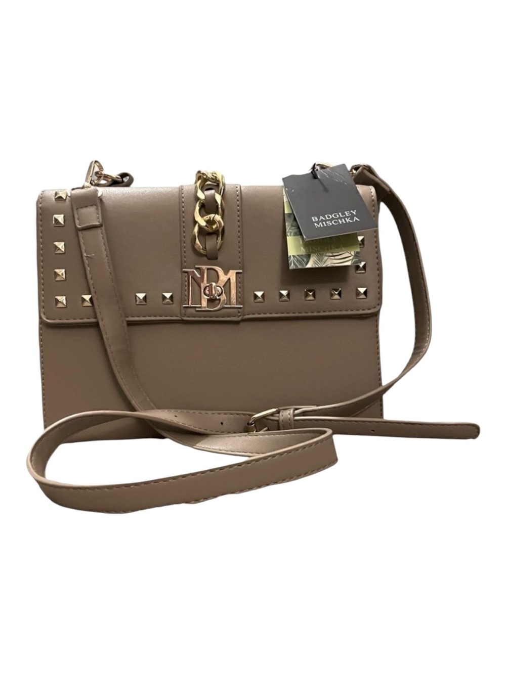NEW Badgley Mischka Bag Cream Beige Plain Grain Crossbody Purse Gold Chain Strap